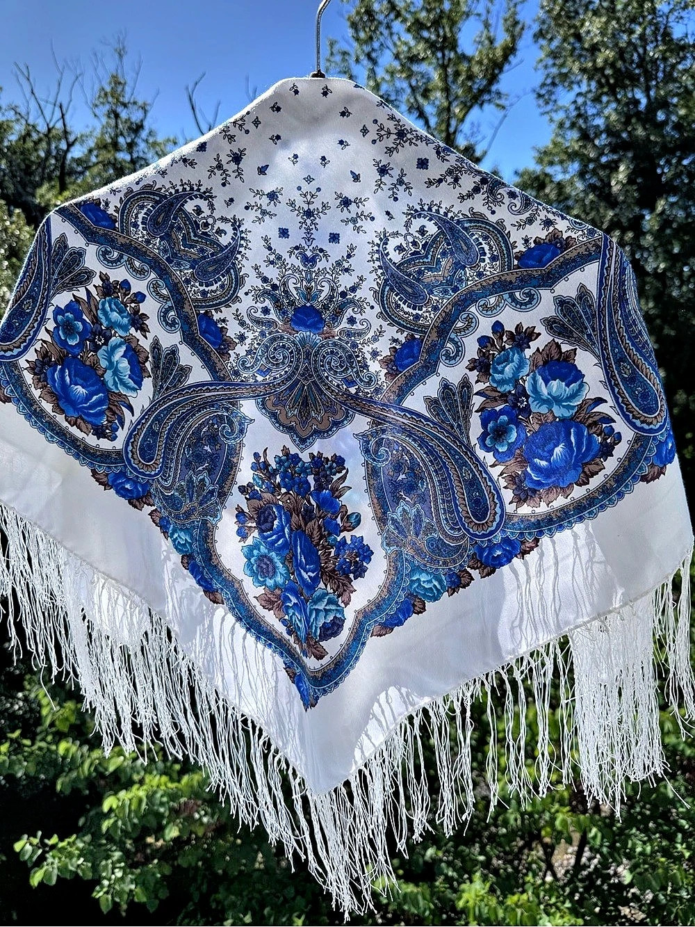 Ukrainian Floral Fringe Scarf in White & Blue